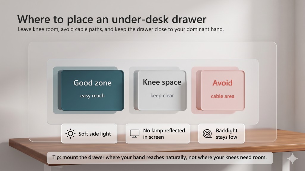 Under desk drawer placement guide showing good zone knee space and cable area