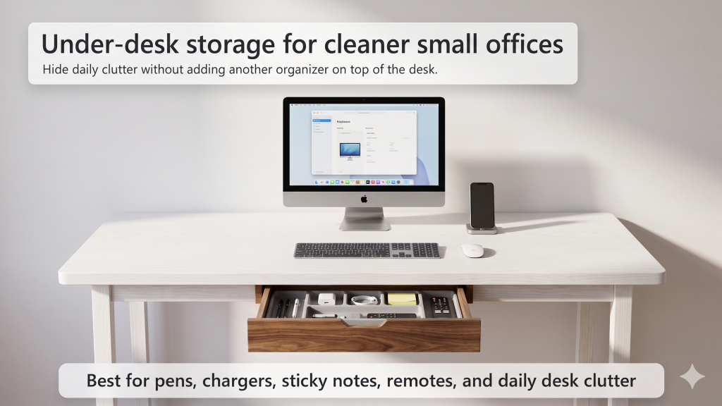 Under desk storage drawer setup for a cleaner small home office