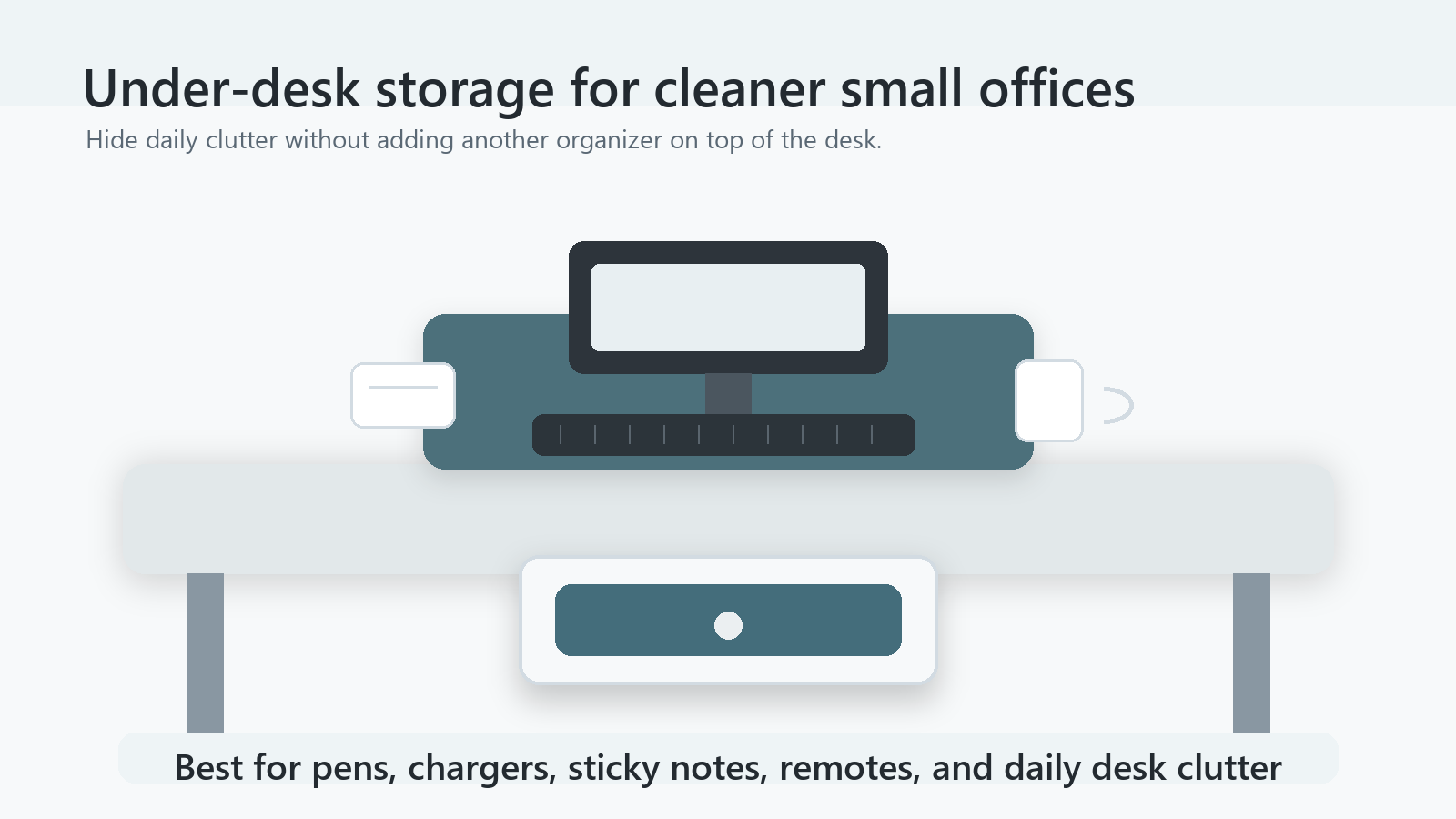 Under desk storage drawer setup for a cleaner small home office