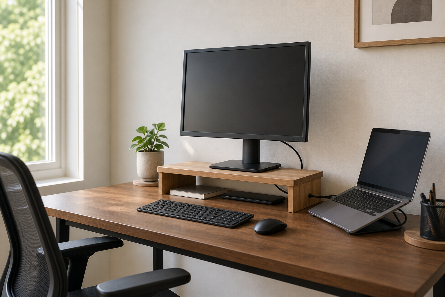 Monitor stand on a tidy small home office desk