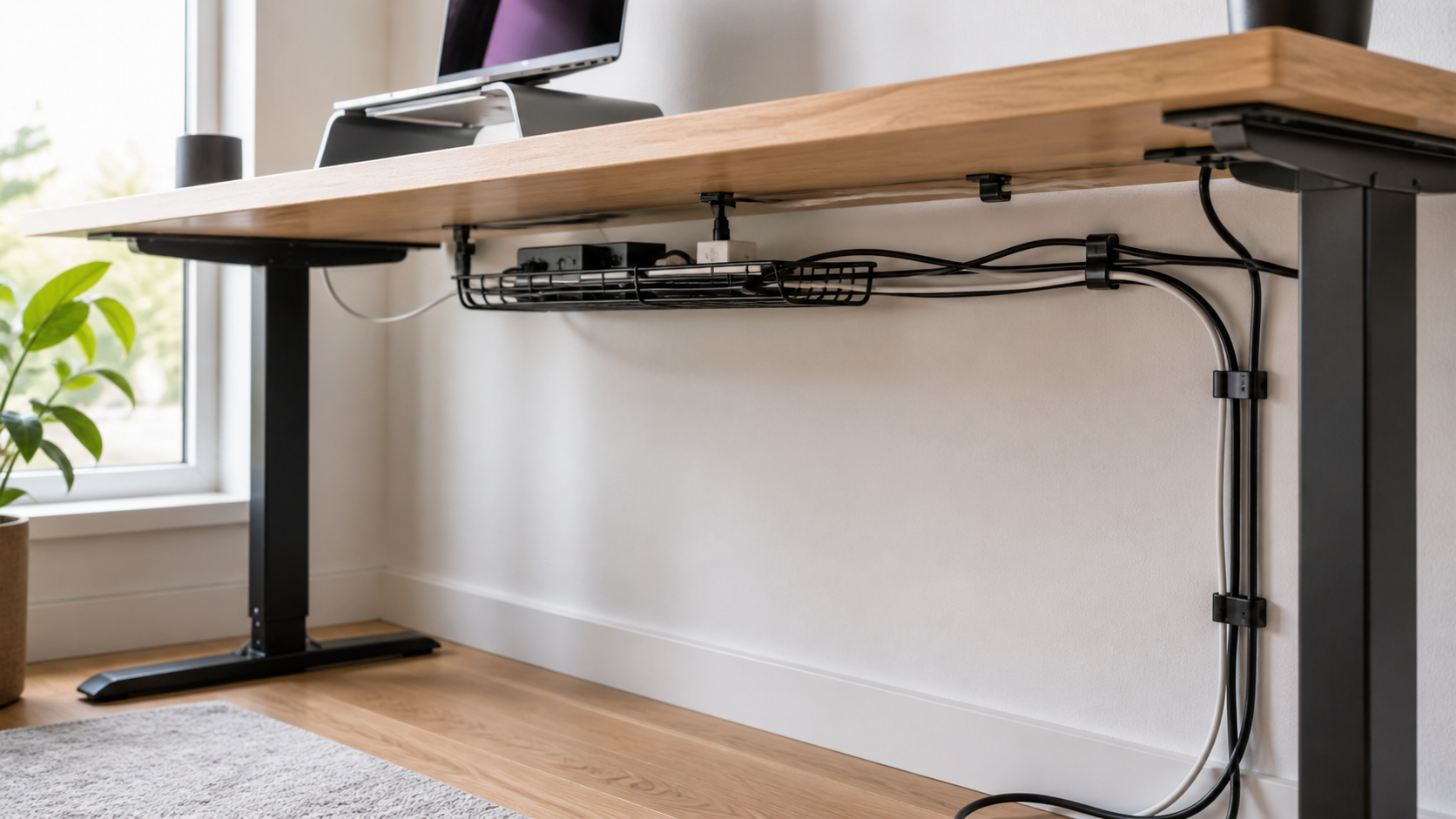 Under-desk cable tray and clips organizing a home office cable route