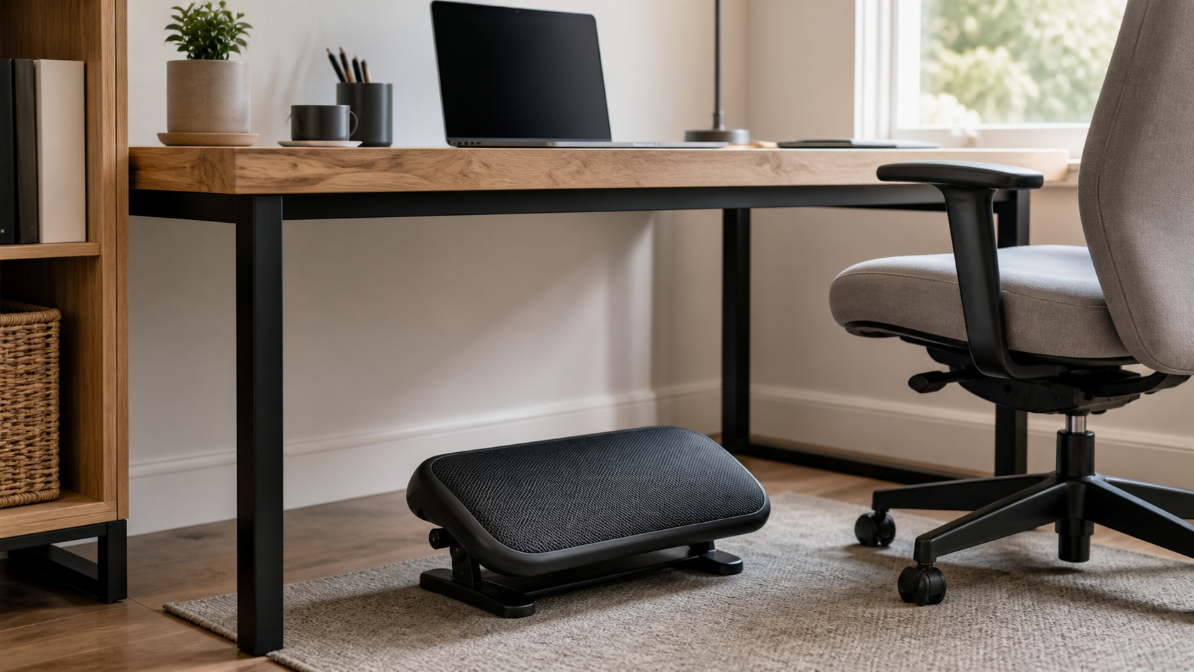 Adjustable mesh-covered footrest beneath a compact home office desk