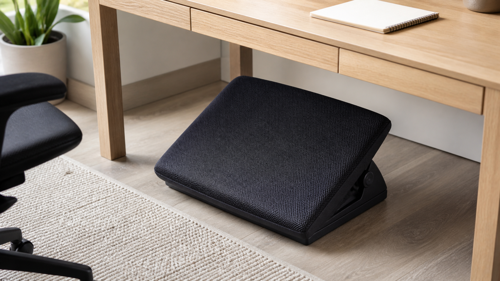 Close view of a mesh-covered adjustable footrest beneath a light wood desk