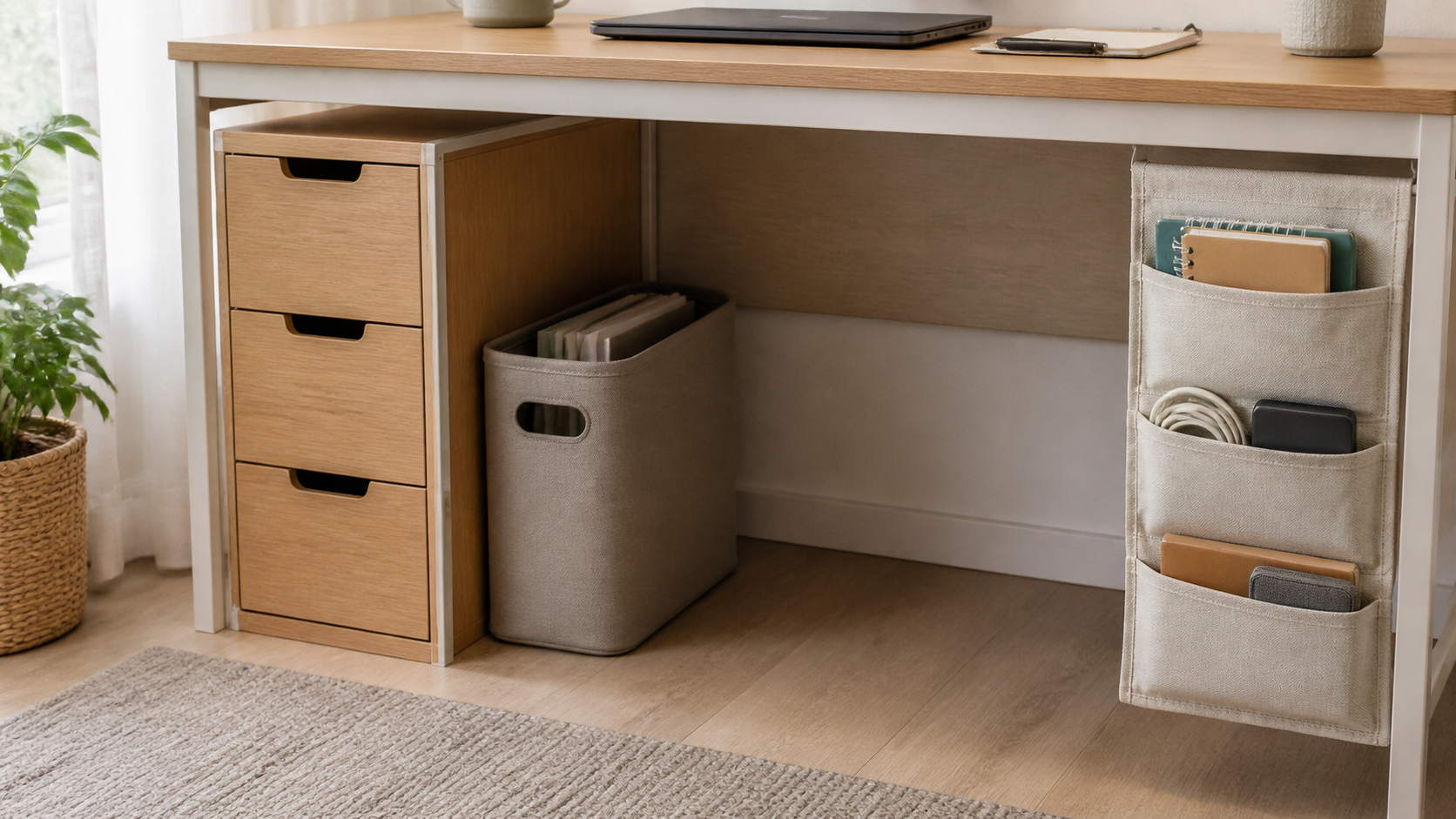 Under-desk drawer unit, fabric bin, and hanging pocket organizer