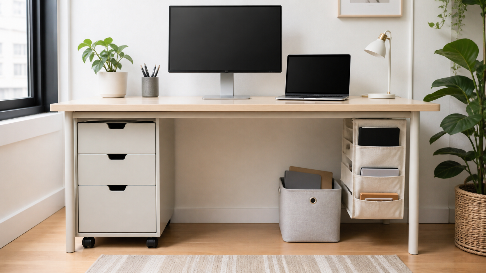Small home office desk with drawers, bin, and hanging organizer beneath it