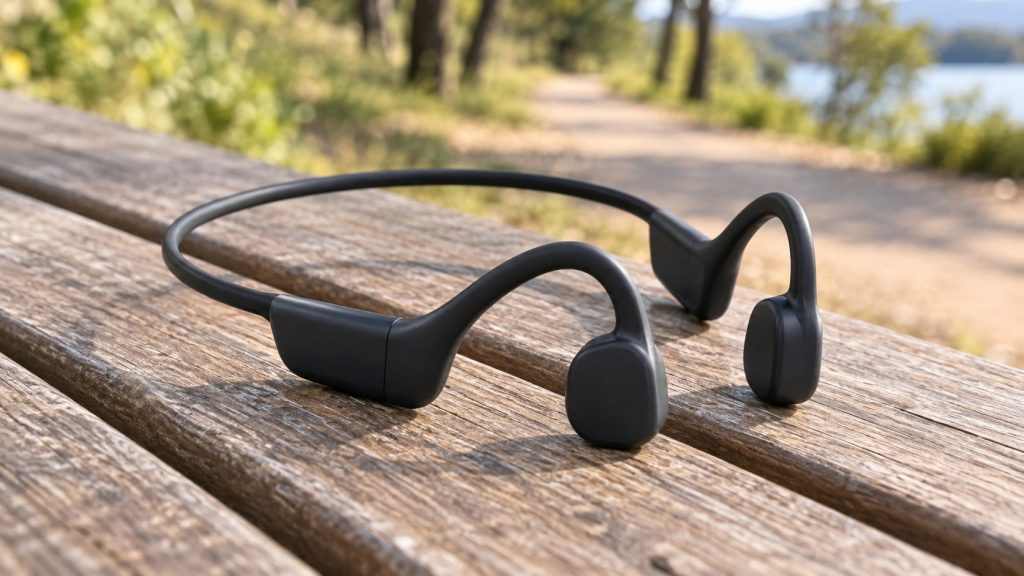 Unbranded bone conduction headset with an open-ear neck band on a wooden bench.