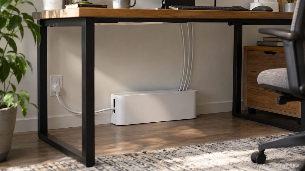 White cable management box under a desk with cables routed neatly through side openings.