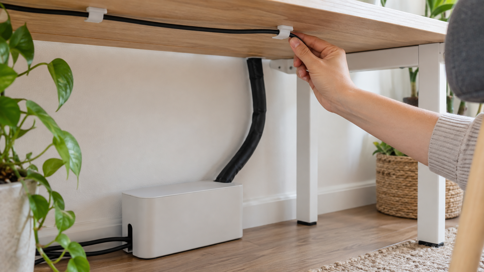 Adhesive cable clips and a cable sleeve routing cords beneath a desk without drilling