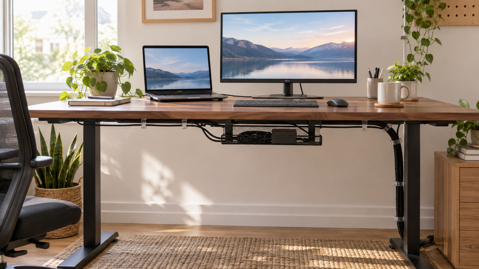 Tidy home office desk with removable cable clips and a no-drill cable basket