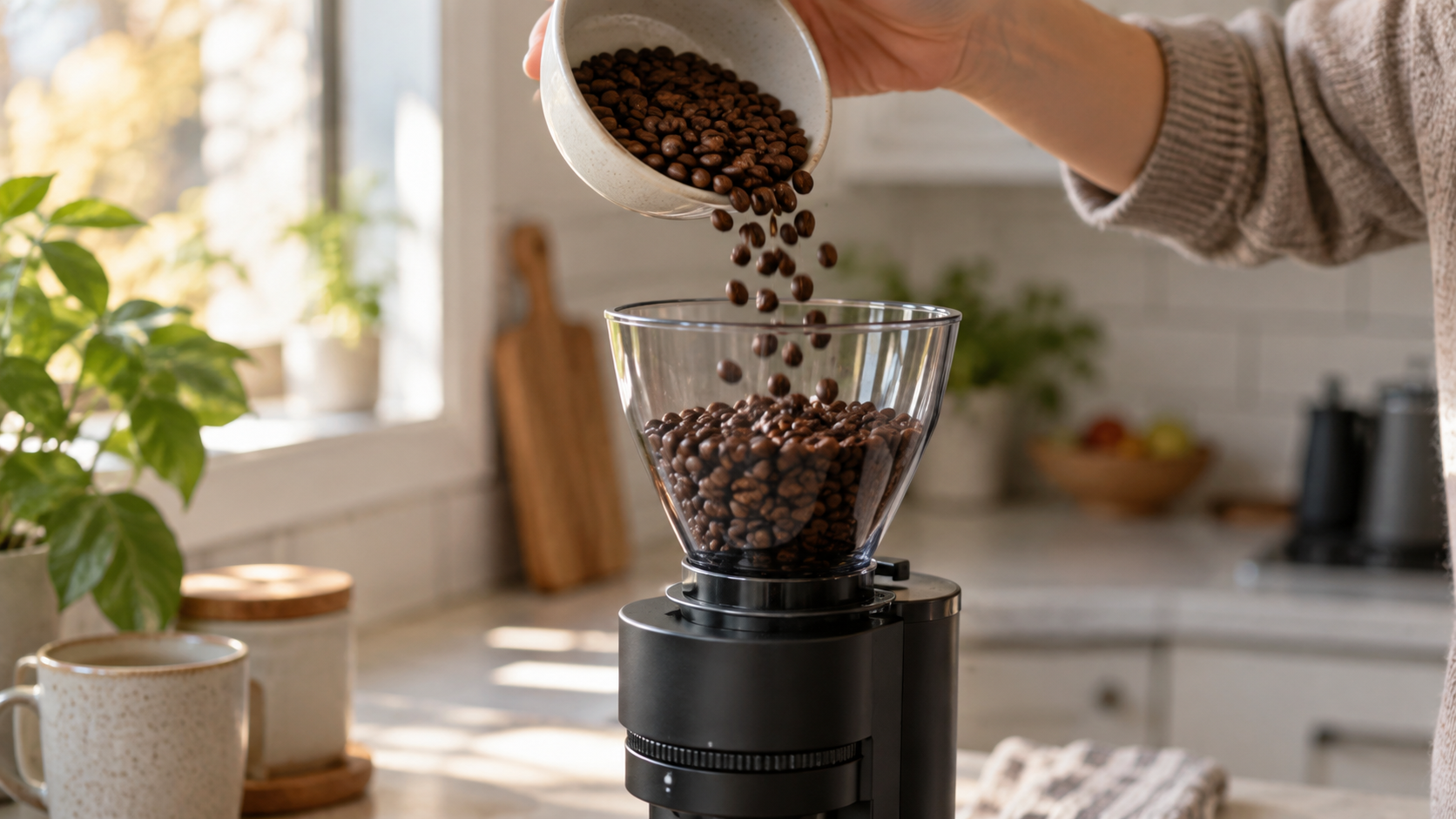 Coffee beans being poured into a burr coffee grinder hopper