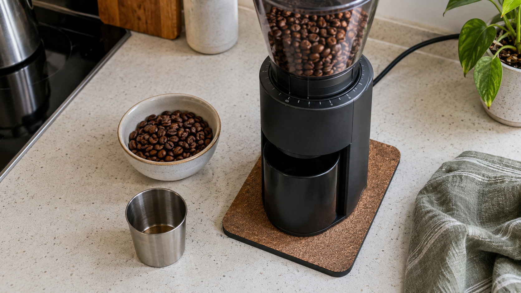 Coffee grinder on a cork vibration mat with coffee beans and dosing cup