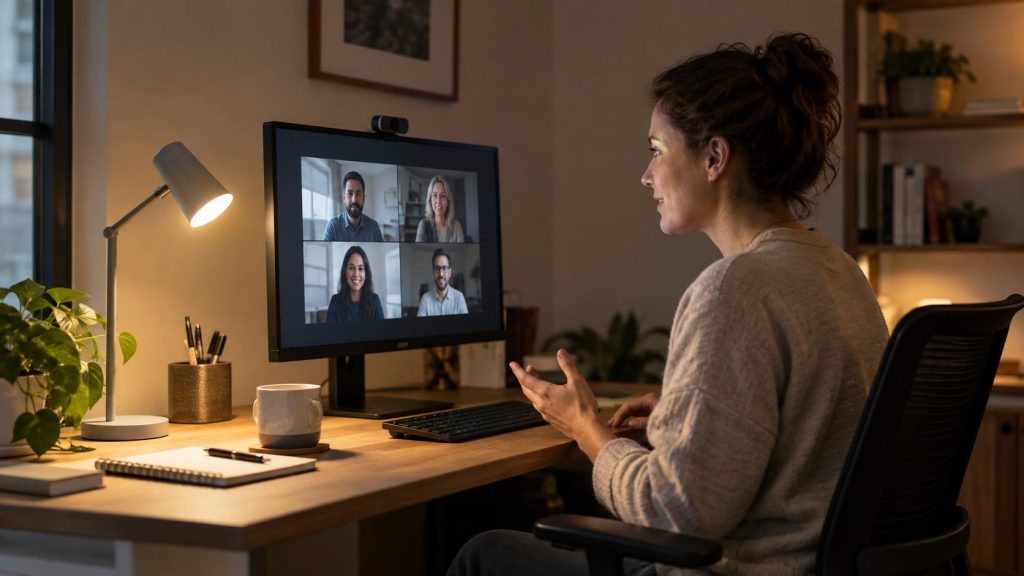 Desk lamp beside a monitor providing soft light for an evening video call.