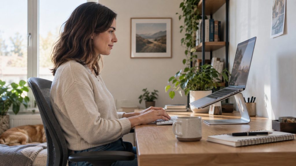 Laptop on a slim aluminum stand at a comfortable eye-level height on a home office desk.