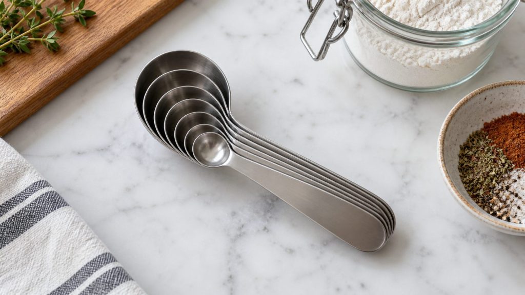 Six nested stainless-steel measuring spoons on a marble kitchen counter.