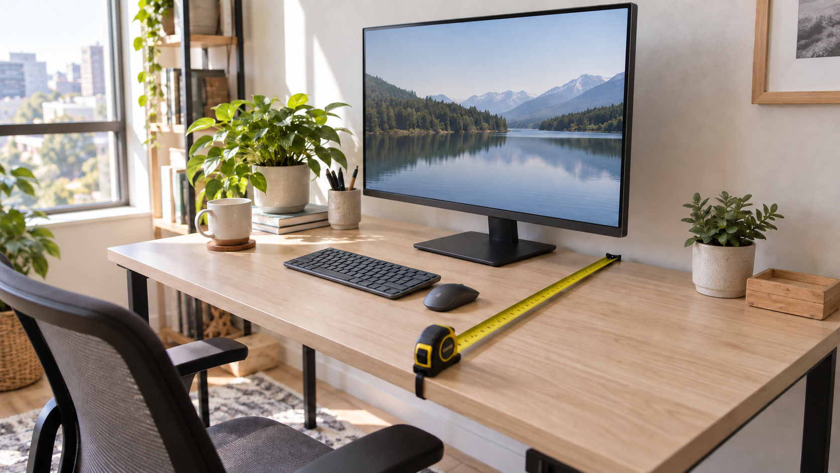 Tape measure showing the usable depth of a compact desk in front of a monitor