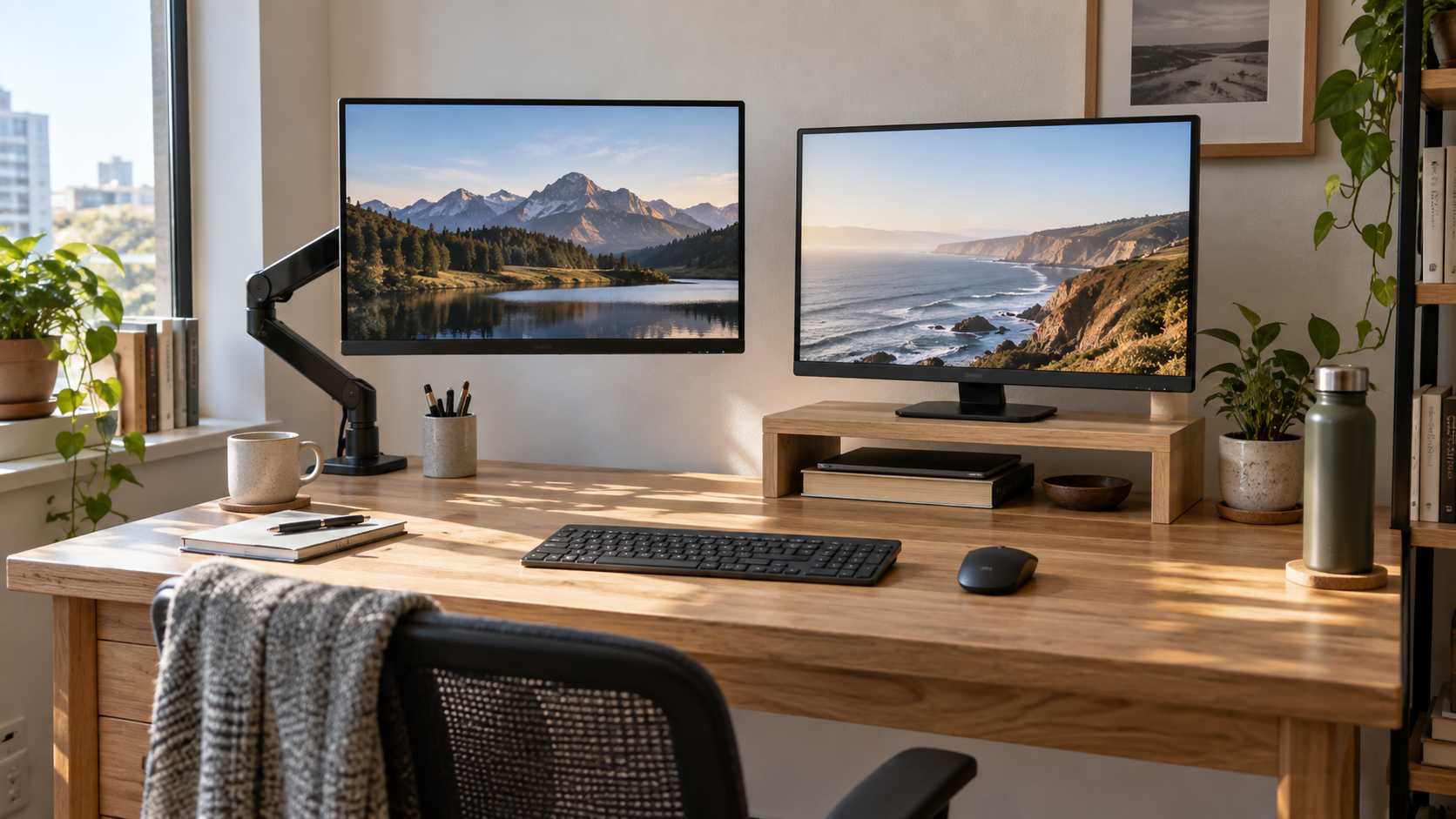 Small desk showing a clamp-on monitor arm beside a monitor stand with storage