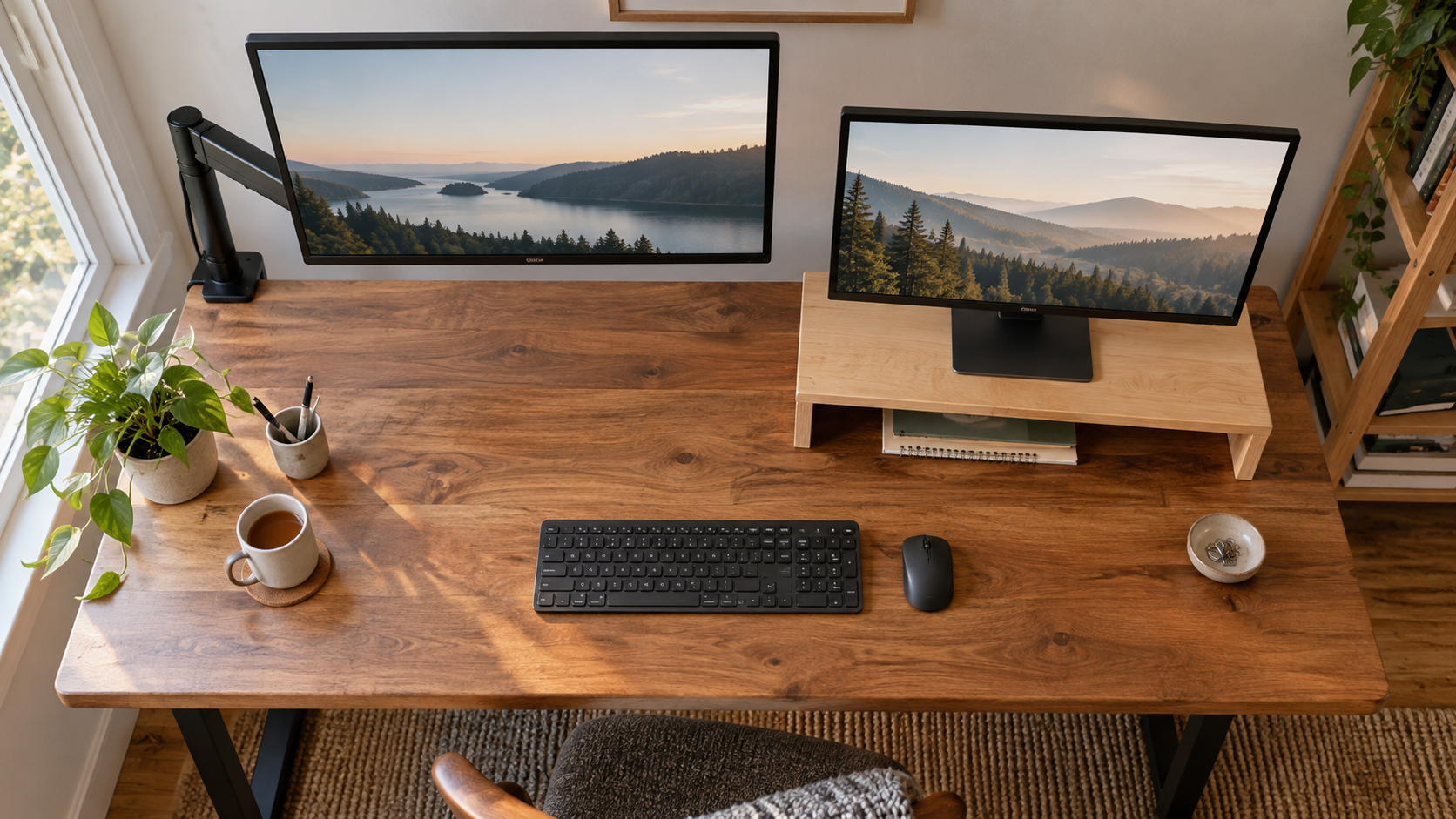 Top-down view comparing monitor arm clamp space with a monitor stand footprint on a small desk