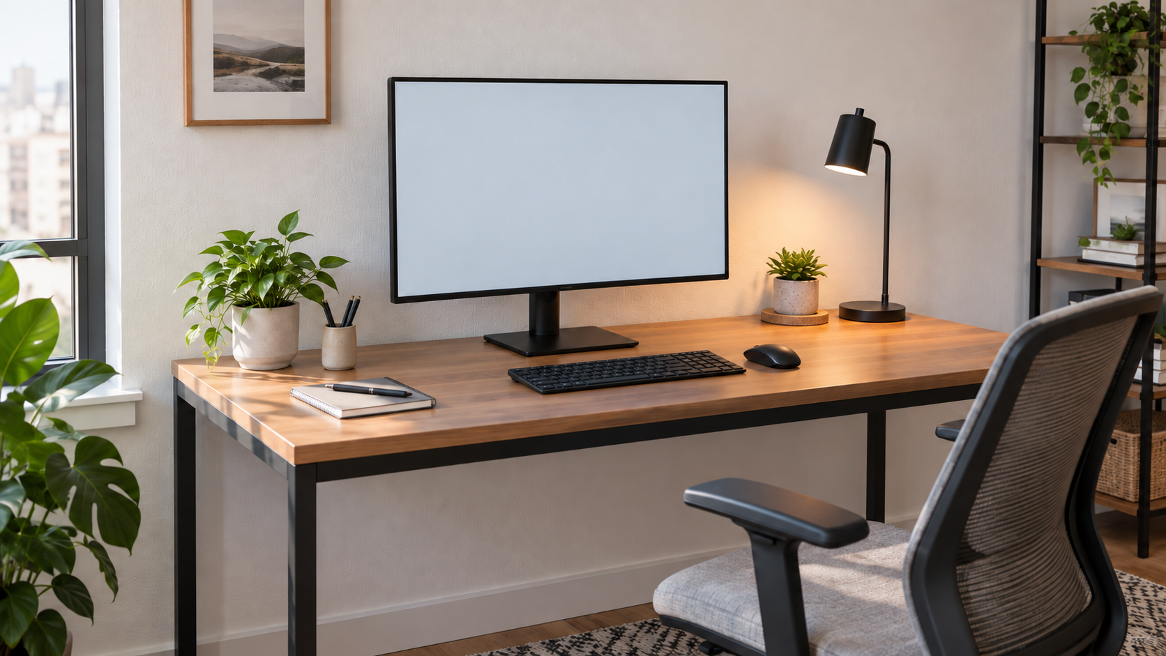 Compact home-office desk with a correctly proportioned monitor and clear working space