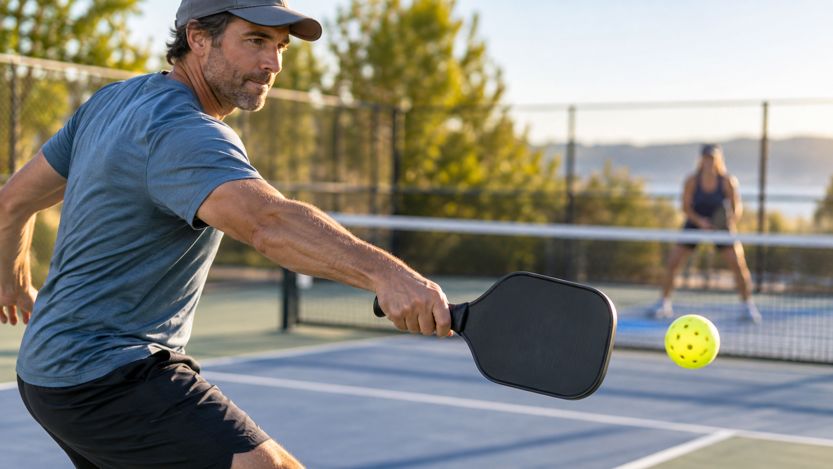 Pickleball paddle and ball during a controlled forehand on an outdoor court