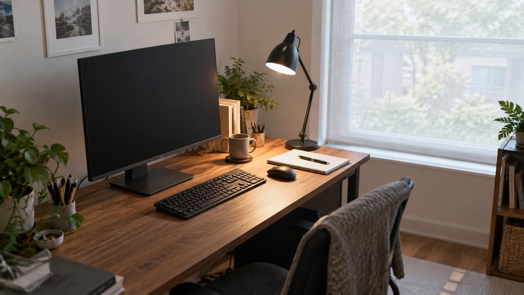 Compact home office desk with monitor angled away from a side window