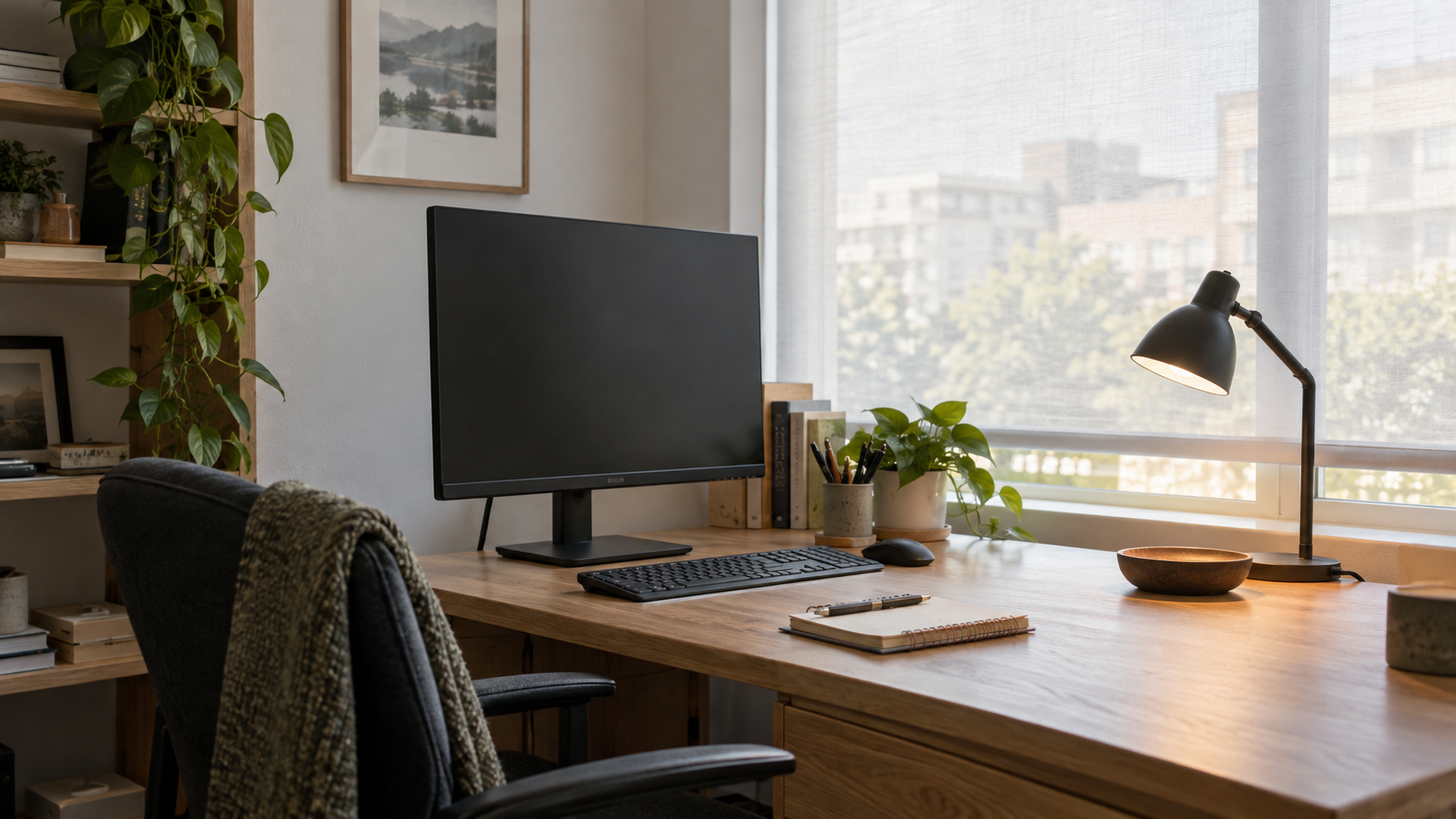 Home office monitor positioned beside a window with diffused daylight