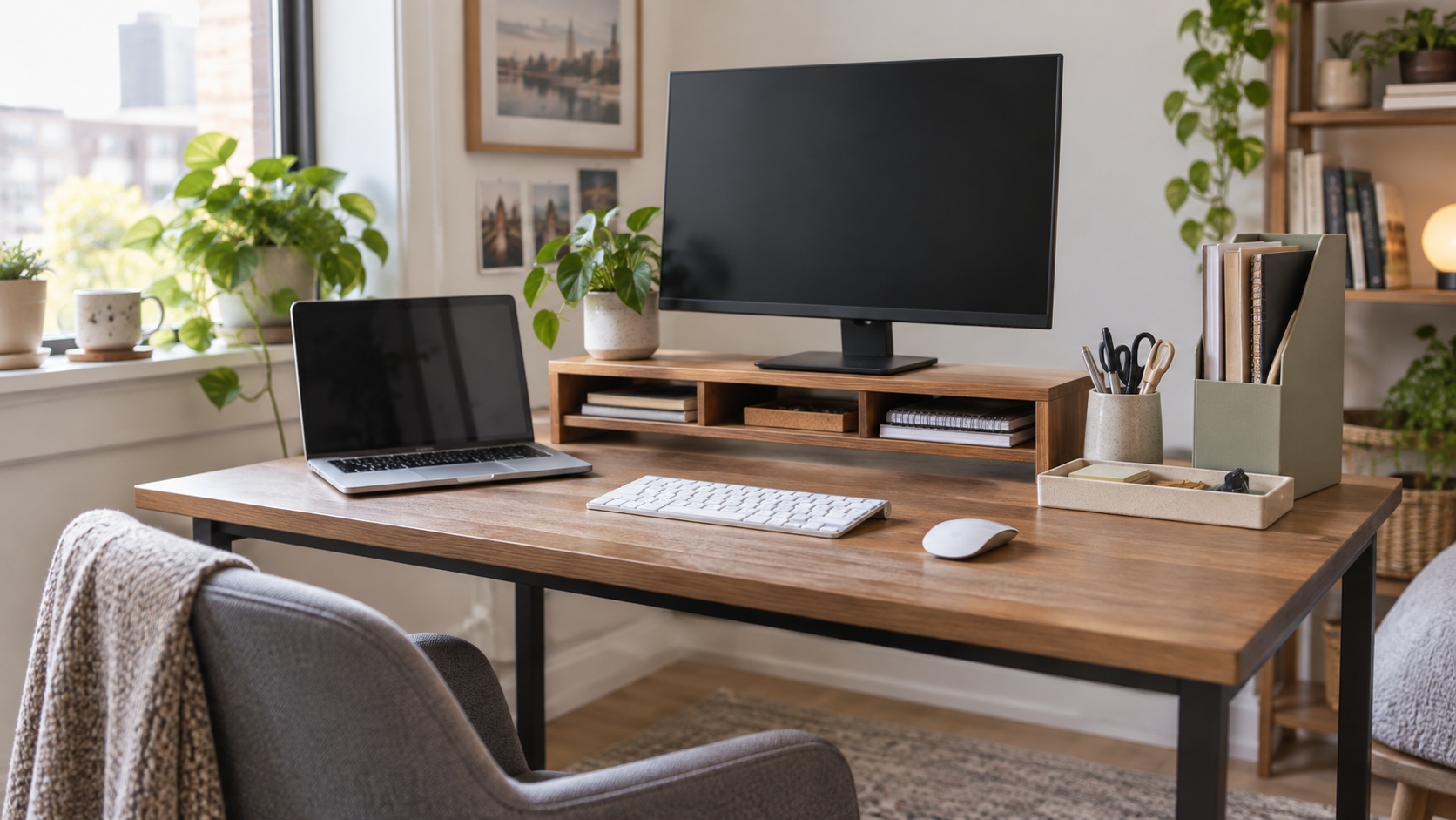 Compact desk without drawers organized with a monitor riser, tray, and vertical file holder