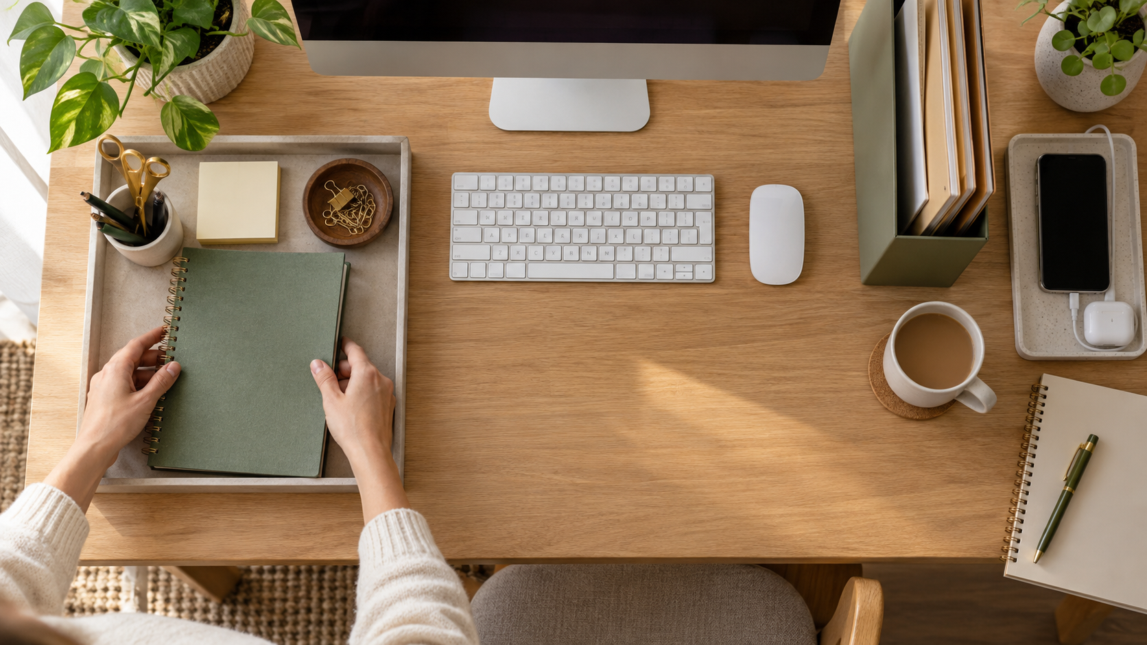 Overhead view of a small drawerless desk organized into work, paper, and charging zones