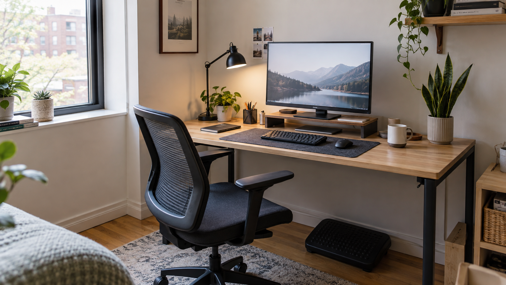 Compact home office with an organized desk, monitor stand, task lamp, desk mat, and footrest