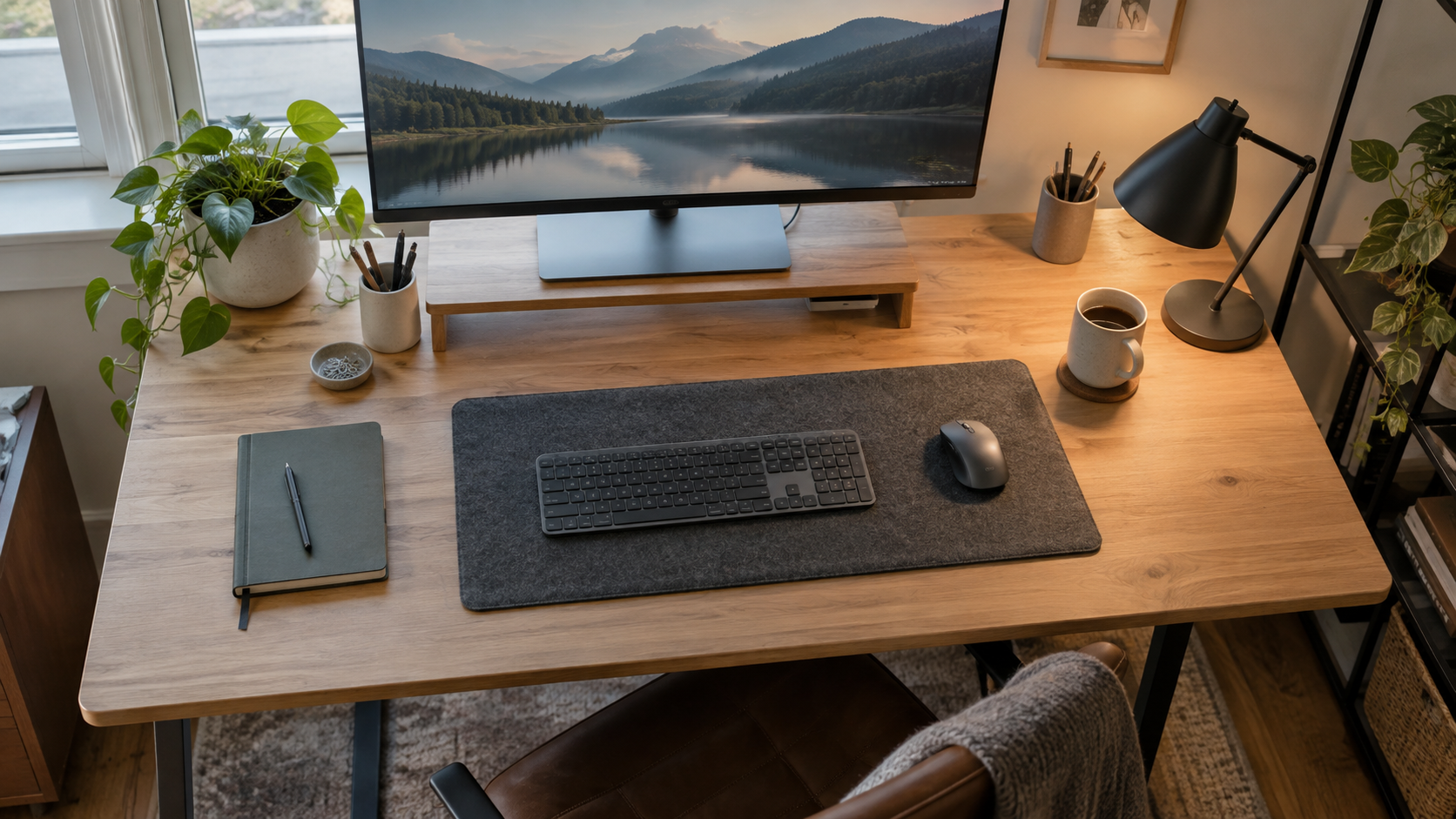 Organized home office desk with monitor, keyboard, mouse, task lamp, notebook, and clear work zones