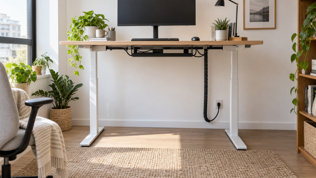Standing desk with a cable tray and flexible cable spine beneath the desktop
