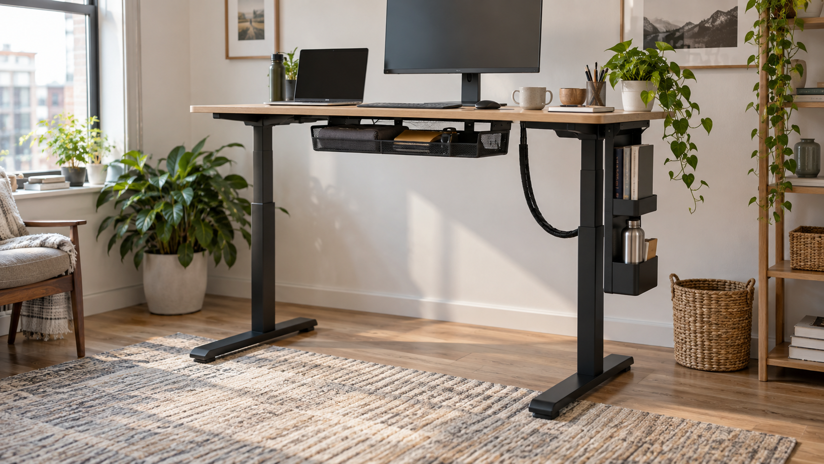 Adjustable standing desk with a shallow storage basket and clear legroom at standing height