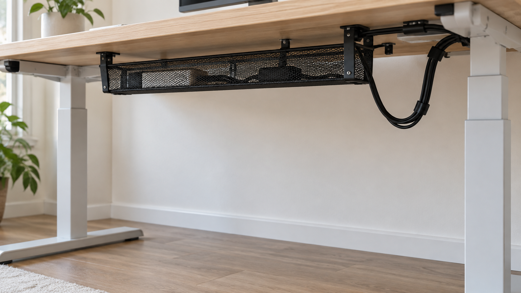 Slim clamp-on basket and cable loop positioned to clear a standing desk frame