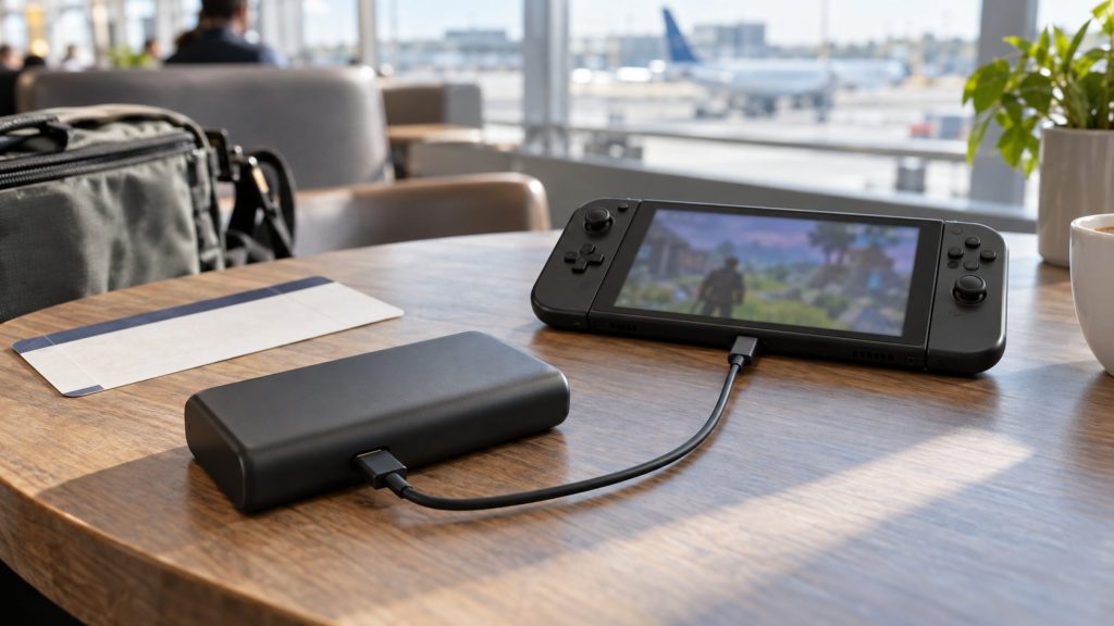 Unbranded USB-C power bank charging a handheld gaming device at an airport lounge.