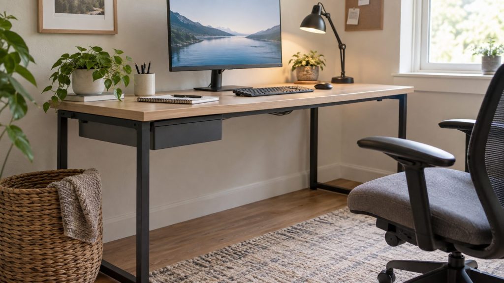 Slim under-desk drawer mounted beneath a wood desk with clear legroom.